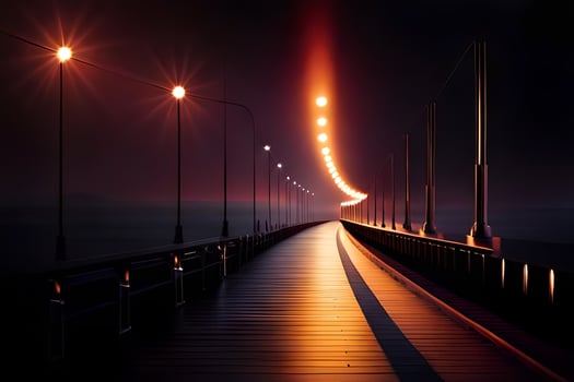 a long bridge with lights on it at night. AI-Generated photo