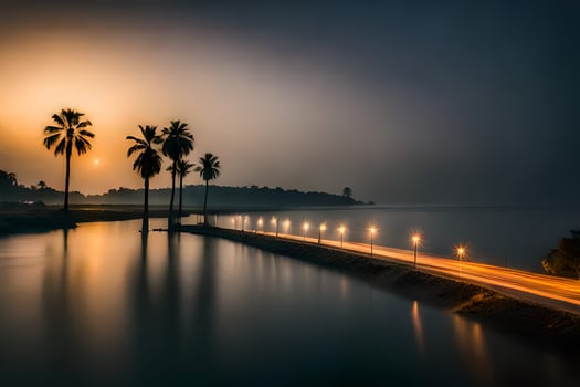 a long exposure photograph of a road and palm trees. AI-Generated photo