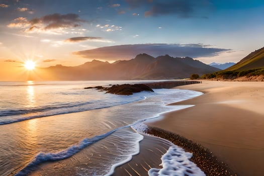 the sun rises over the mountains and the beach in this beautiful photo. AI-Generated photo