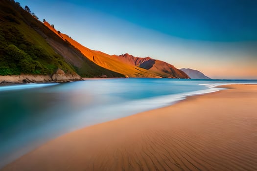 a beach with waves and mountains at sunset. AI-Generated photo