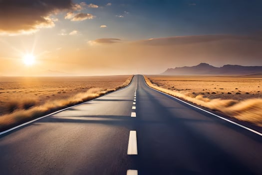 a long empty road in the desert with the sun setting. AI-Generated photo
