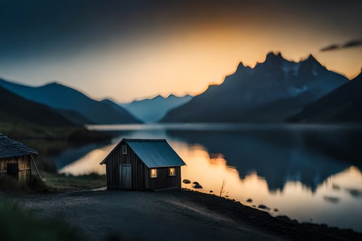 a small cabin sits on the shore of a lake at sunset. AI-Generated photo