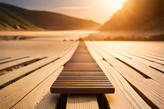 a wooden walkway leads to the sun. AI-Generated photo