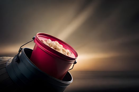a red bucket filled with food sitting on top of a black bucket. AI-Generated photo