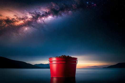 a bucket of dirt sitting on the water with a milky sky. AI-Generated photo