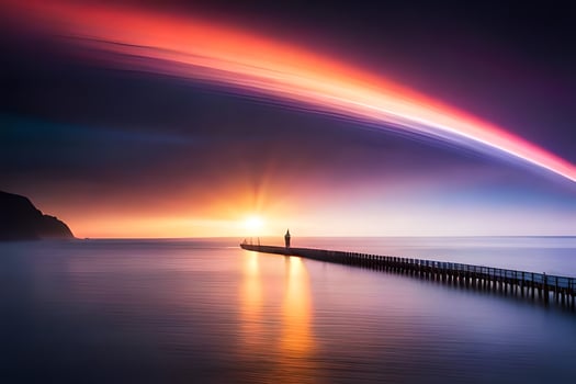 a rainbow over the ocean with a pier in the background. AI-Generated photo