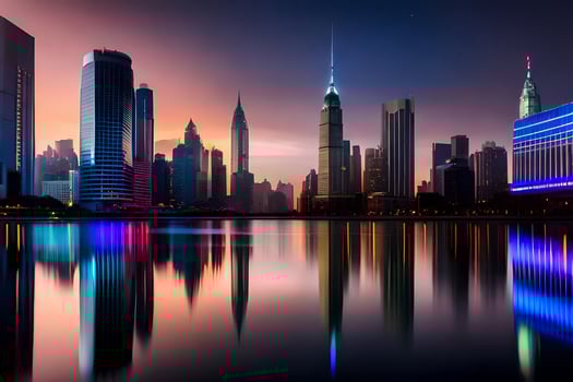 the city skyline at night with reflections in the water. AI-Generated photo