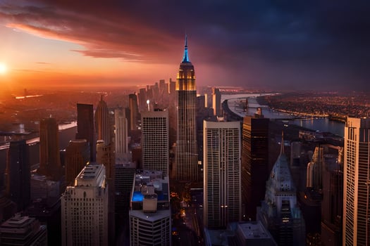 the sun sets over the city skyline in new york. AI-Generated photo