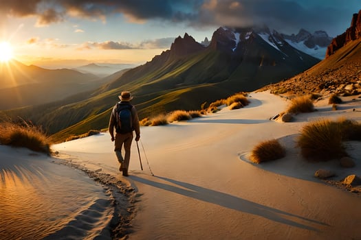 a person walking on a trail in the mountains. AI-Generated photo