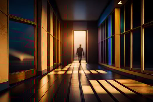 a man is walking down a hallway at night. AI-Generated photo
