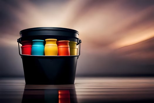 a bucket of paint with colorful paint on the floor. AI-Generated photo