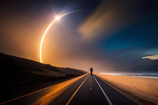a man standing on the road looking at a rocket. AI-Generated photo