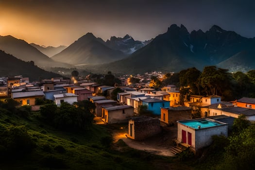 photo wallpaper the sky, mountains, the sun, the mountains, the village, the mountains,. AI-Generated