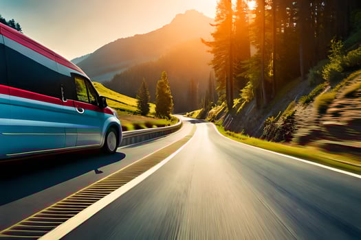 a red and blue bus driving down a mountain road. AI-Generated photo