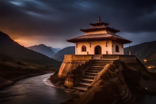 a small buddhist temple sits on the edge of a river. AI-Generated photo