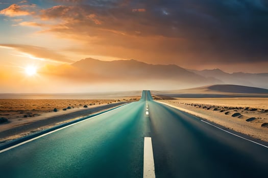 a long road in the desert with the sun setting. AI-Generated photo