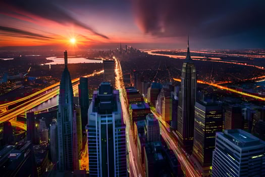the sun sets over the city skyline in new york. AI-Generated photo