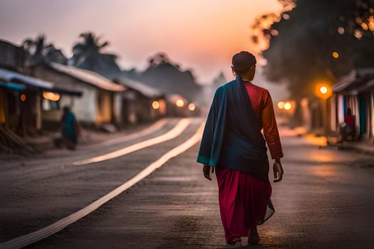 a woman walks down a street at sunset. AI-Generated photo