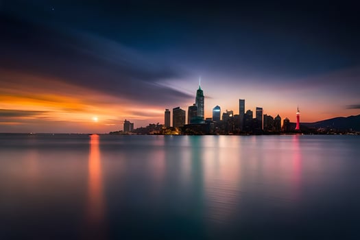 the city skyline at sunset over the water. AI-Generated photo
