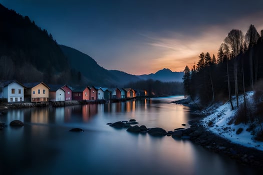 a river in the mountains with houses on the shore. AI-Generated photo