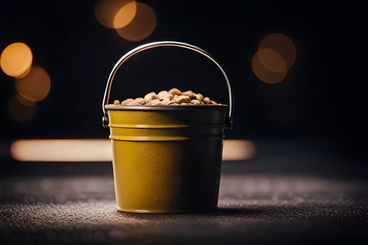 a bucket of peanuts on a table. AI-Generated photo