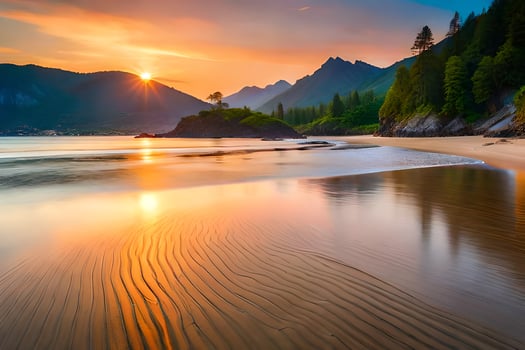 the sun sets over a beach and mountains. AI-Generated photo