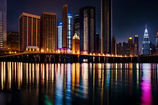 a city skyline at night with lights reflecting in the water. AI-Generated photo