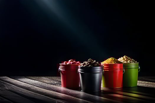 three colorful buckets with different types of food. AI-Generated photo