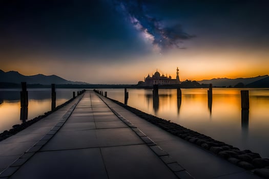 the sun rises over a lake and a mosque. AI-Generated photo