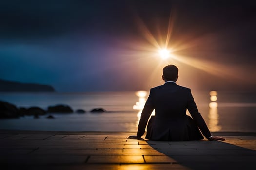 a man in a suit sits on the ground looking at the sun. AI-Generated photo
