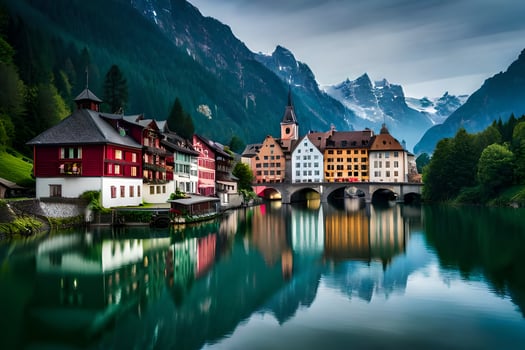 photo wallpaper mountains, the sky, water, houses, bridge, town, lake, mountains,. AI-Generated