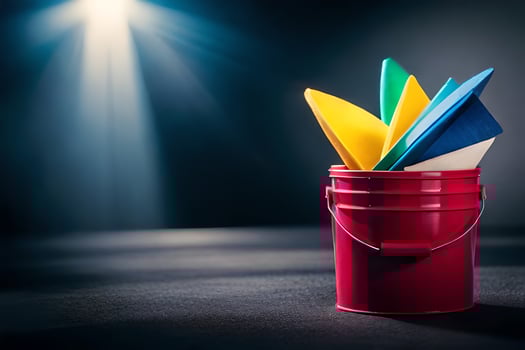a bucket filled with colorful paint brushes. AI-Generated photo