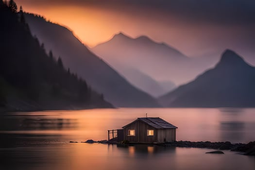 a small cabin sits on the shore of a lake at sunset. AI-Generated photo