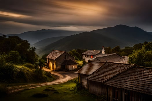 a small village in the mountains with a dark sky. AI-Generated photo