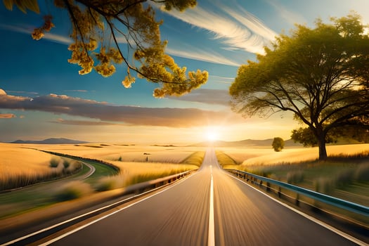 a road with trees and a sun setting over it. AI-Generated photo