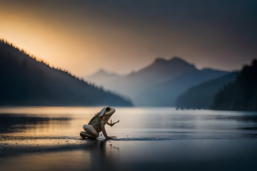 a frog sitting on the shore of a lake at sunset. AI-Generated photo