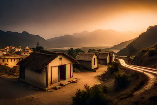 a village in the mountains with a car driving through the road. AI-Generated photo