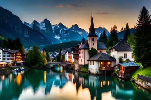 a beautiful town in the mountains at sunset. AI-Generated photo