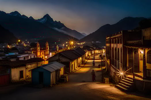 a town at night with mountains in the background. AI-Generated photo