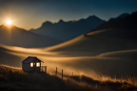 a small hut sits in the middle of a field at sunset. AI-Generated photo