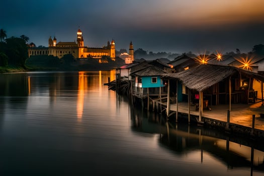 a view of the river and houses at dusk. AI-Generated photo