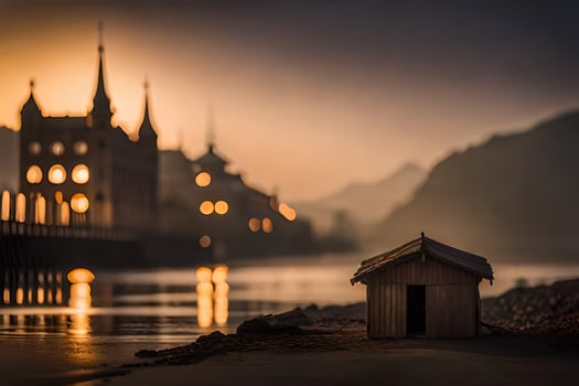 photo wallpaper the sky, water, castle, river, bridge, sunset, the city, the. AI-Generated