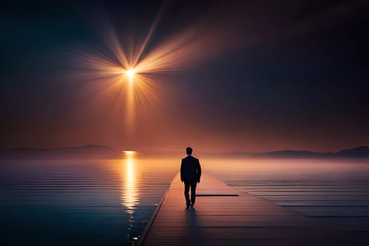a man stands on a pier looking at the sun. AI-Generated photo