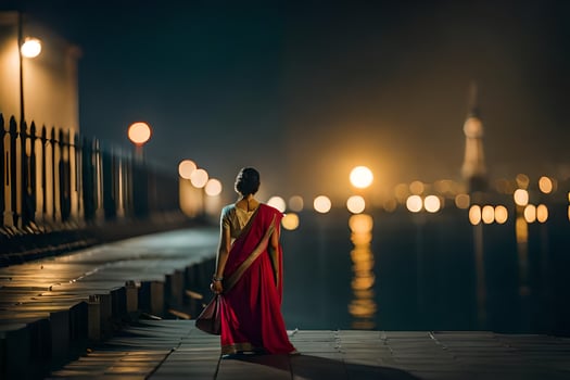 a woman in a red sari walks along a pier at night. AI-Generated photo
