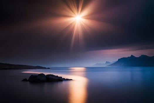 the sun shines over a body of water and mountains. AI-Generated photo