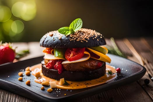 a burger with vegetables and sauce on a black plate. AI-Generated photo
