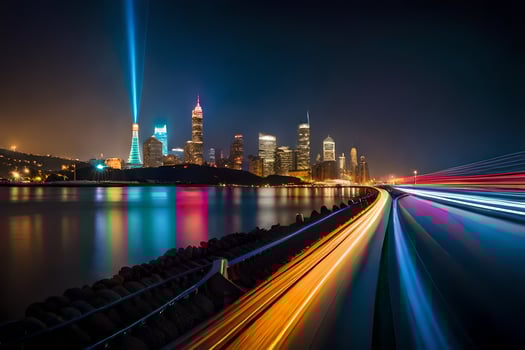 a long exposure photograph of a city skyline at night. AI-Generated photo