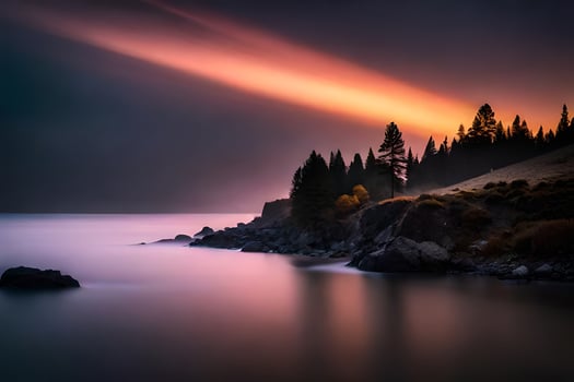 a beautiful sunset over the water with trees and rocks. AI-Generated photo