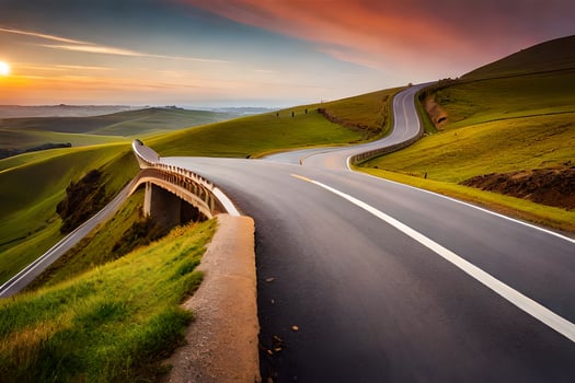 a winding road with a sunset in the background. AI-Generated photo