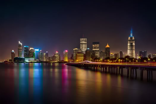 the city skyline at night with lights reflecting off the water. AI-Generated photo